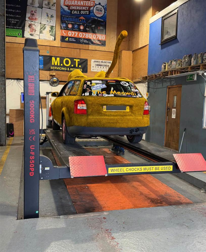 A yellow car covered in fur with ears, on the MOT ramp